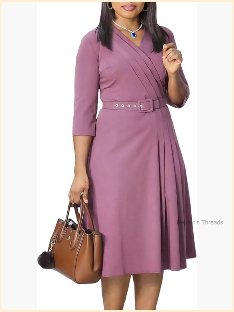 V Neck 3/4 Sleeve Ruched Flow Midi Dress With Waist Belt